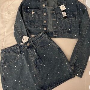 Denim Jacket and Skirt Set with Rhinestones